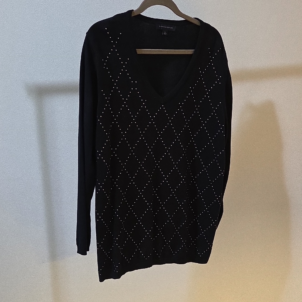 Tommy Hilfiger Black V-Neck Sweater with Faux Diamond Studs
